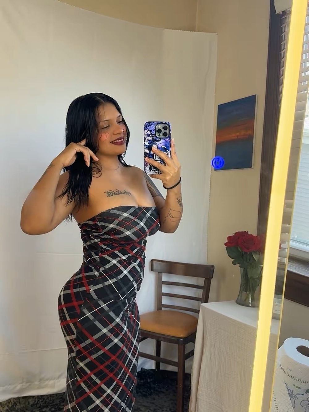 VENUS Strapless Plaid Bodycon Dress - Black, Red & White